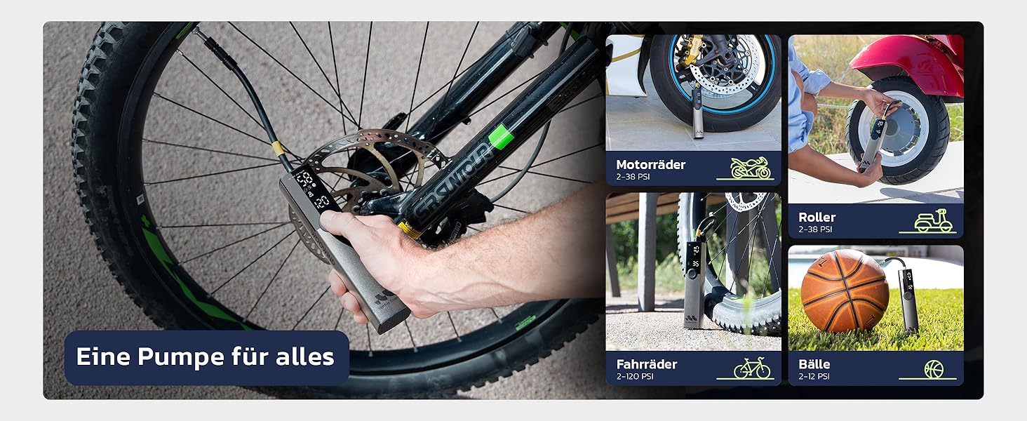 Електрична велосипедна помпа Woowind Ventus Ride: 150 PSI, 10.3 Bar, універсальні клапани (Presta, Schrader, Dunlop)