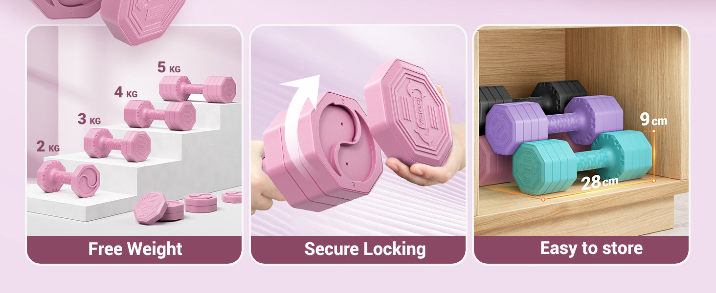 Набір гантелей Yoleo регульований 2/4 шт. для дому, 2 кг, 3 кг, 4 кг, 5 кг, з м'яким TPR-покриттям, для тренувань всього тіла (рожевий)