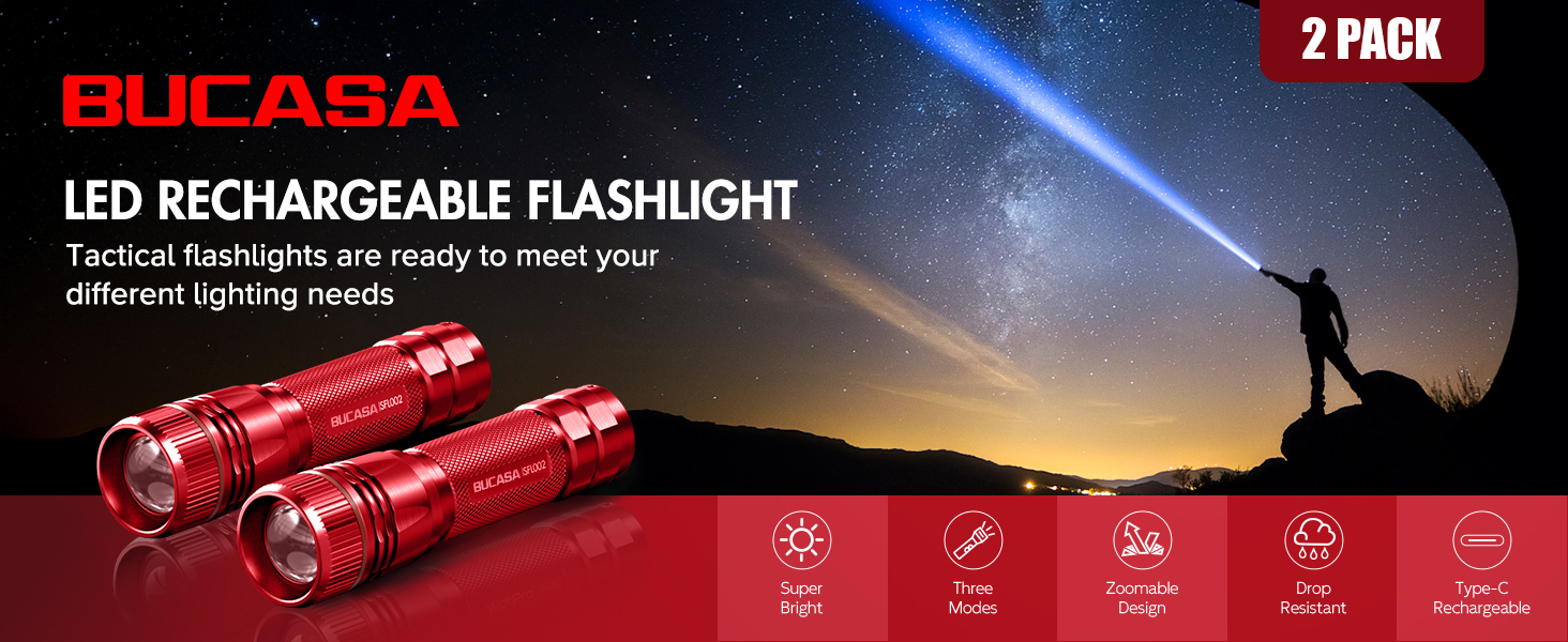 Ліхтарик LED BUCASA, 2000 люмен, 3 режими, збільшується, водонепроникний, для кемпінгу та активного відпочинку (червоний)