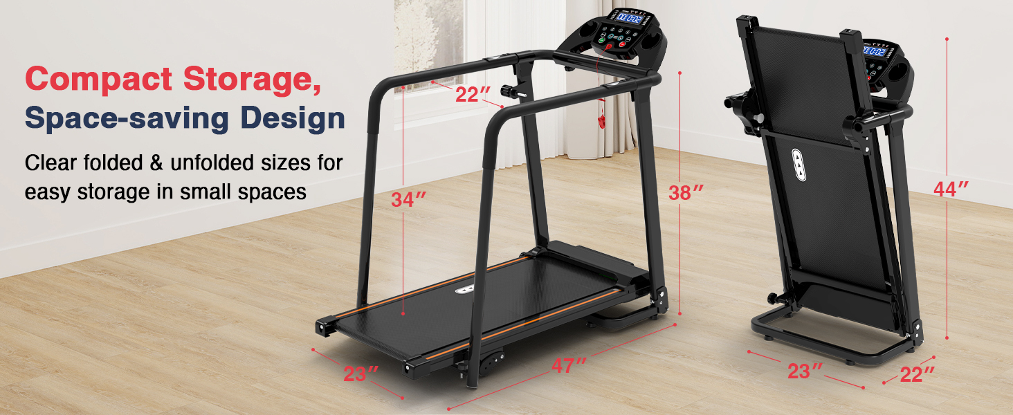 Біговий доріжка Redliro з довгими поручнями для людей похилого віку, до 136 кг, складана, з колесами, тримач для напоїв та телефону, для відновлення вдома або в квартирі