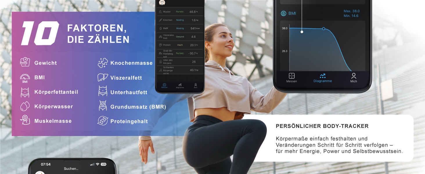 Цифрова вага Bluetooth з додатком - вага для вимірювання жиру, персональна вага, багатофункціональна вага. Аналіз тіла, BMI, жир, м'язи, кістки. Чорний колір
