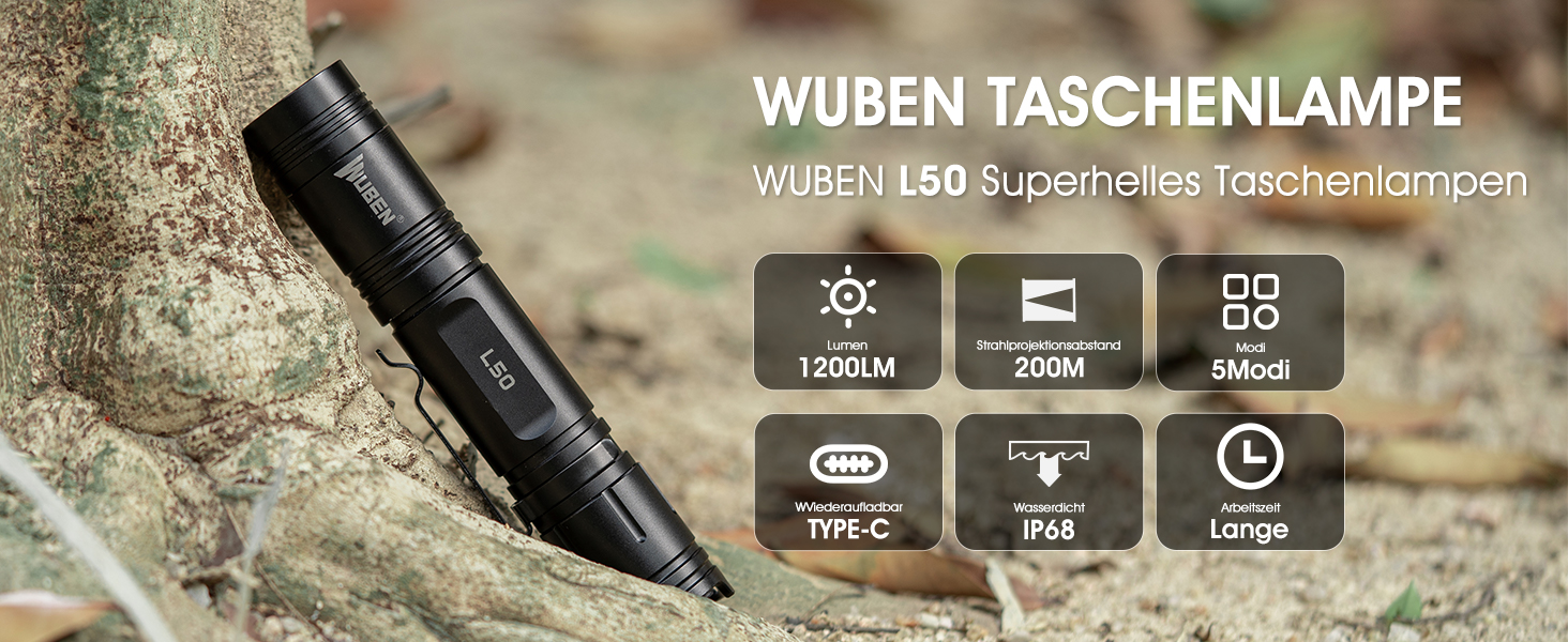 Ліхтарик WUBEN L50 LED 1200 Люмен: тактичний, водонепроникний, USB, 5 режимів, для кемпінгу та надзвичайних ситуацій