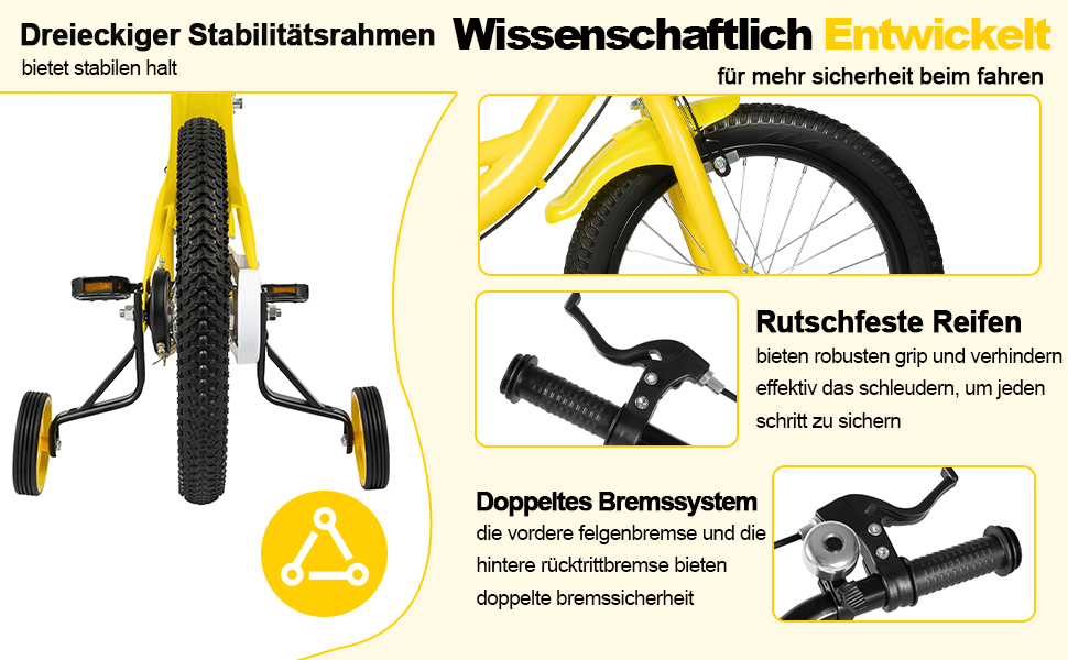 Дитяче велосипед 16 дюймів для хлопчиків та дівчаток, з регульованою висотою та знімними бічними колесами, для дітей 5-8 років (жовтий)