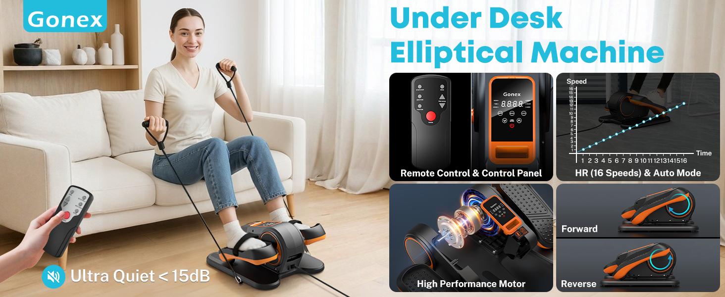 Еліптичний тренажер Gonex під стіл для літніх людей, електричний, з пультом керування, 16 рівнів швидкості, ручний та автоматичний режими (Помаранчевий)