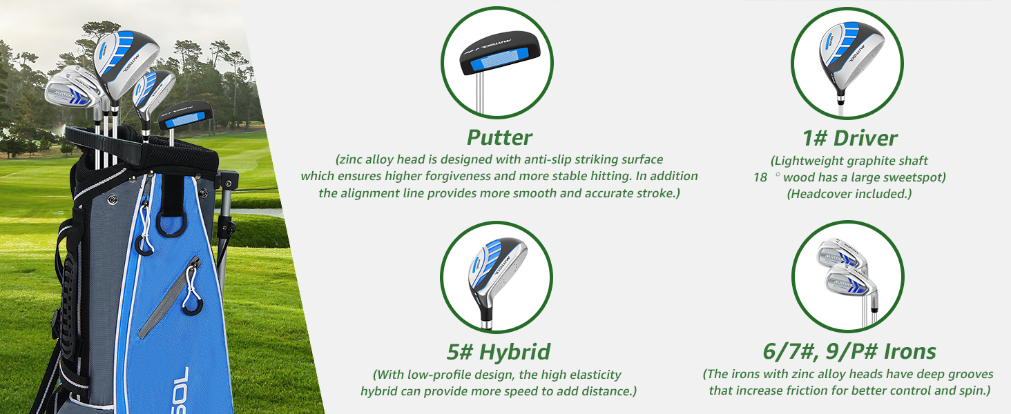 Повний набір гольф-клубу з 6 шт., включає сумку-стійку, драйвер #1, гібрид #5, залізи #6/7, #9/P та паттер, для правшів (блакитний)