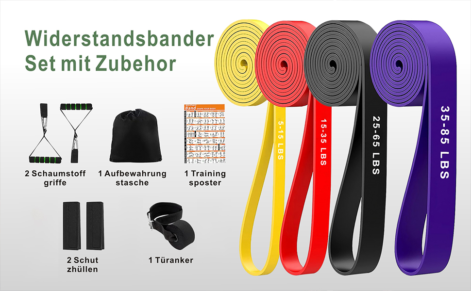 Набір еластичних стрічок для фітнесу та реабілітації, з аксесуарами та порадами, для силових тренувань, йоги та фізіотерапії