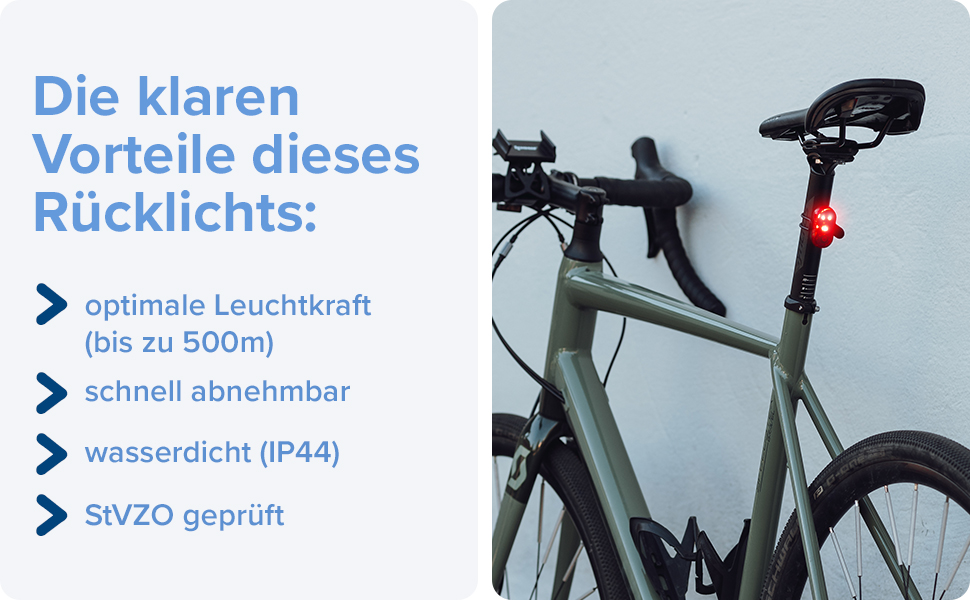 Заднє велоліхтар LED Büchel, акумуляторний, сертифікований StVZO, для велосипеда та електробіка (без функції показу гальмування)