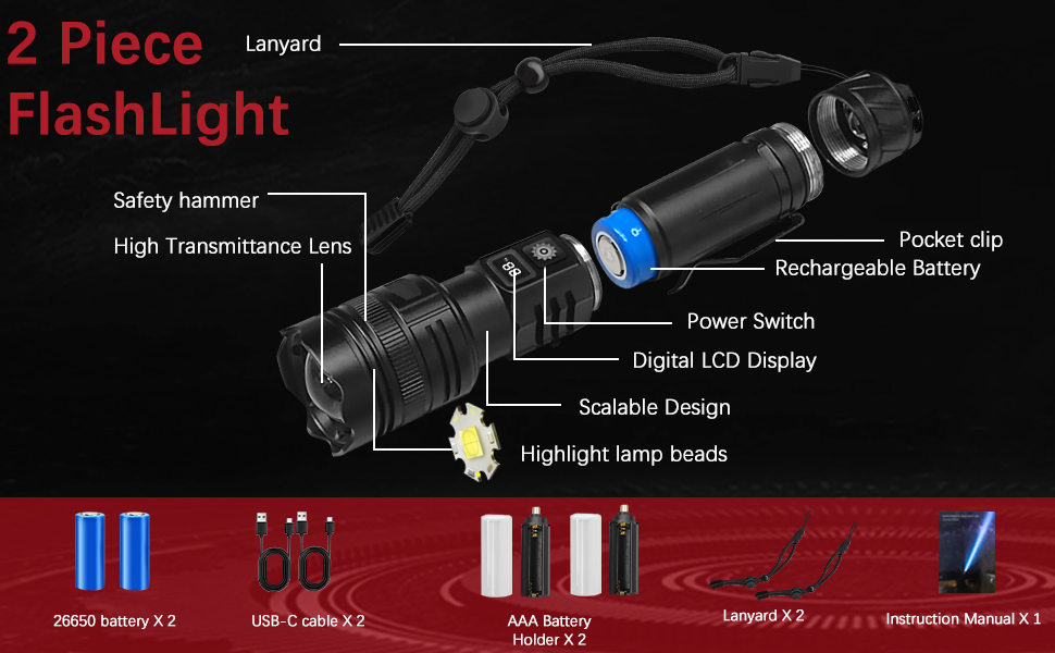 Ліхтарик LED WEDETIAN 2 шт. 30000 Люмен, Тактичний USB-ліхтарик, 5 режимів, для кемпінгу, туризму, надзвичайних ситуацій