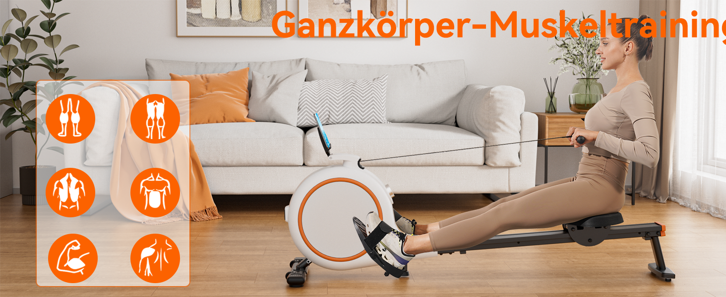 Гребний тренажер для дому з магнітним опором, 32 рівні, 136 кг, сумісність з додатком, LCD-дисплей, білий-помаранчевий