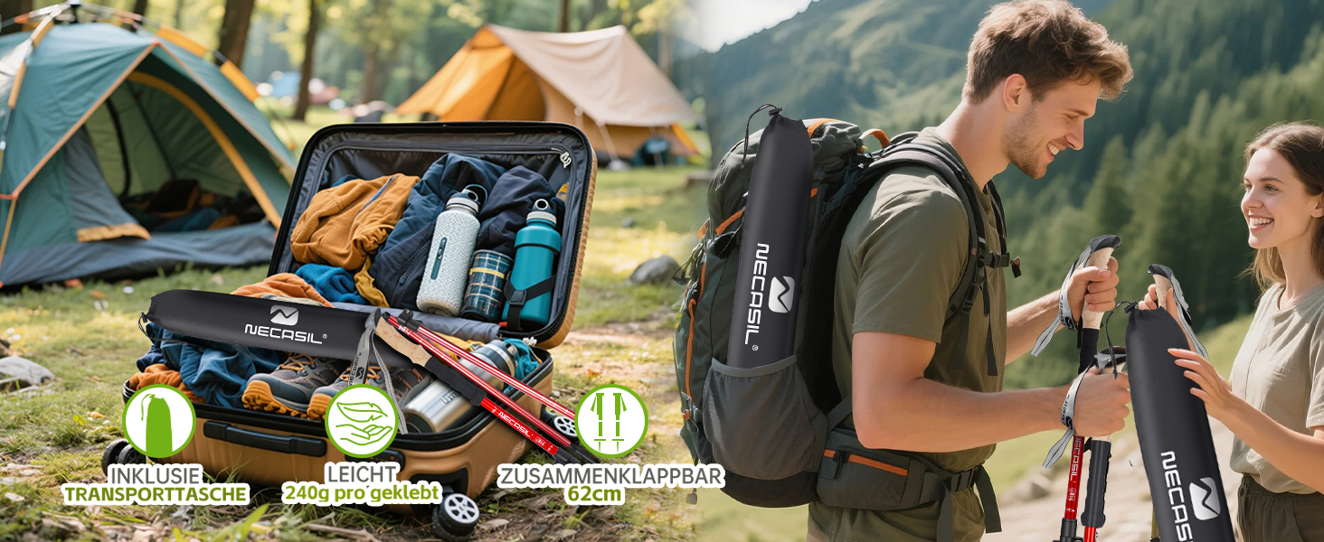 Телескопічні палиці для скандинавської ходьби з алюмінію, регульовані та складні, з корковими ручками для жінок та чоловіків, 62–135 см, червоні (Upgrade 2025)