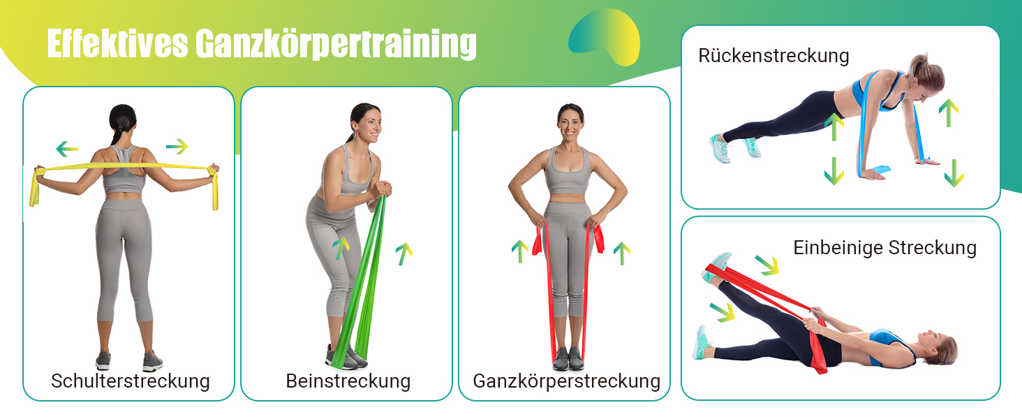 Набір фітнес-гумок 4 шт. (1.8M/2M), 4 рівні опору, постер з вправами, сумка для перенесення, інструкція, для йоги, пілатесу, м'язового розвитку, жовтий, червоний, зелений, синій