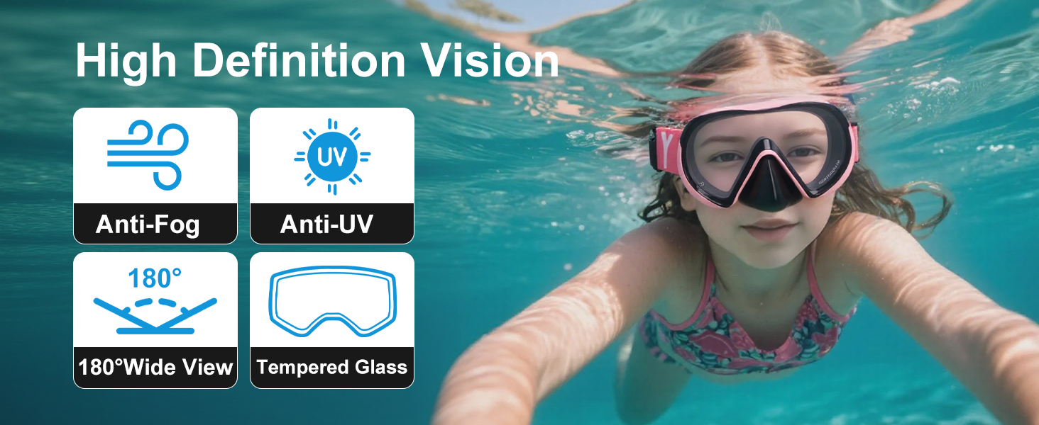 Дитячі маски для снорклінгу Kinder з трубкою, 180° панорама, HD, проти запотівання, для дітей 4-16 років (Рожева)