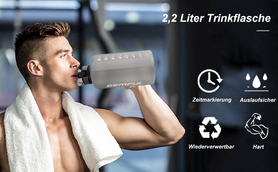 Спортивна пляшка для води GEMFUL 2.2L з ручкою та позначками часу - ідеальна для фітнесу та повсякденного використання (Сірий)