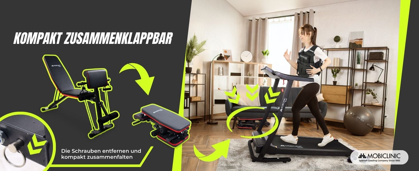 Багатофункціональна тренажерна лава Mobiclinic Planefit для силових тренувань, складана, 8 позицій регулювання, з еластичними стрічками-опорами та колесами для дому