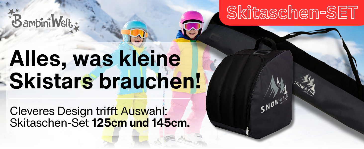 Набір дитячих лиж BambiniWelt 125 см: лижі, чохол для лиж та черевиків, рюкзак для лиж, чорний/рожевий