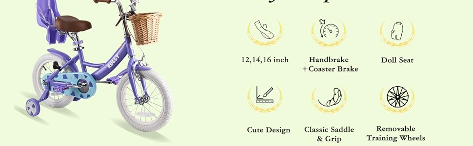 Детское велосипед RULLY Fruit 14 дюймов для девочек 2-7 лет с крыльями, корзиной и сиденьем для куклы, фиолетовый