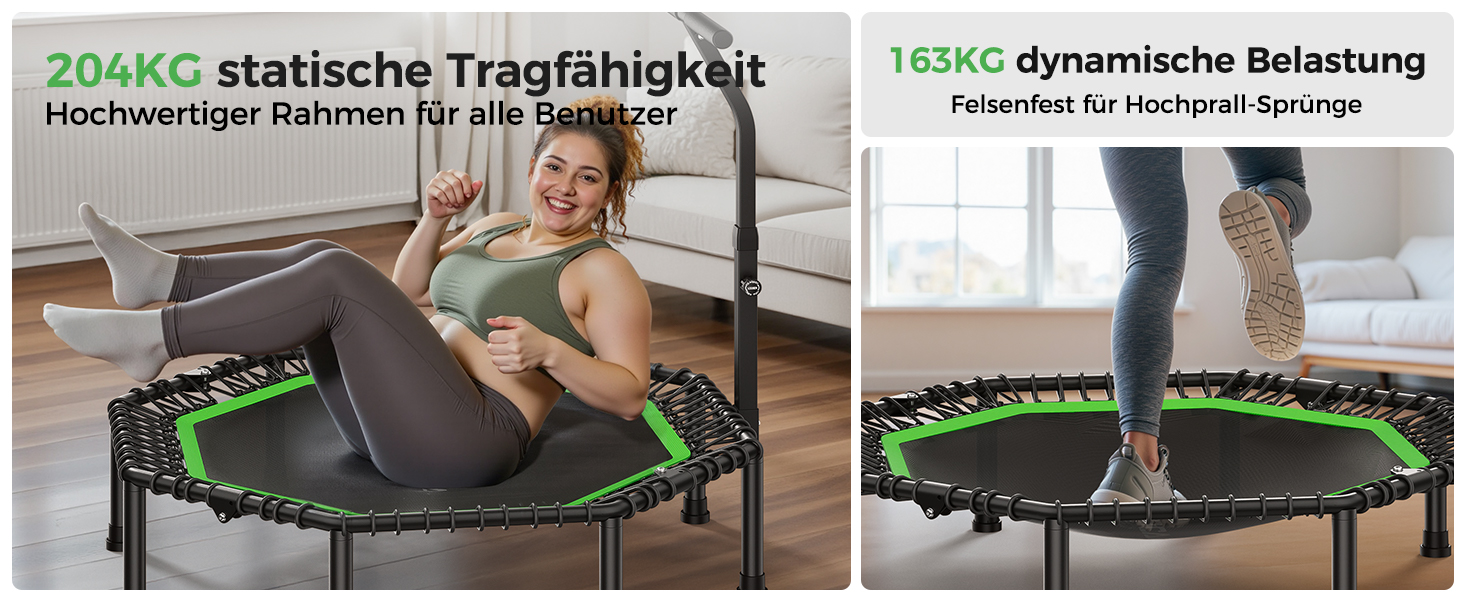 Трамплін для фітнесу BCAN, діаметр 102/122/130 см, з пружинами/ bungee-шнурами, для дорослих до 250 кг, з регульованими ручками, тихий та з низькою вібрацією, зелений/чорний