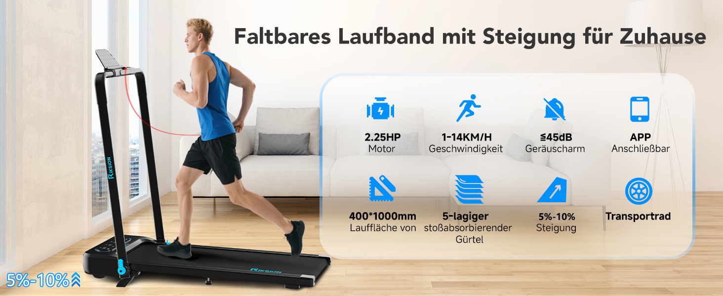 Біговий тренажер Riksion для дому з нахилом, складаний до 14 км/год, Walking Pad з 12 програмами, електричний з LED-дисплеєм, пультом дистанційного керування та додатком