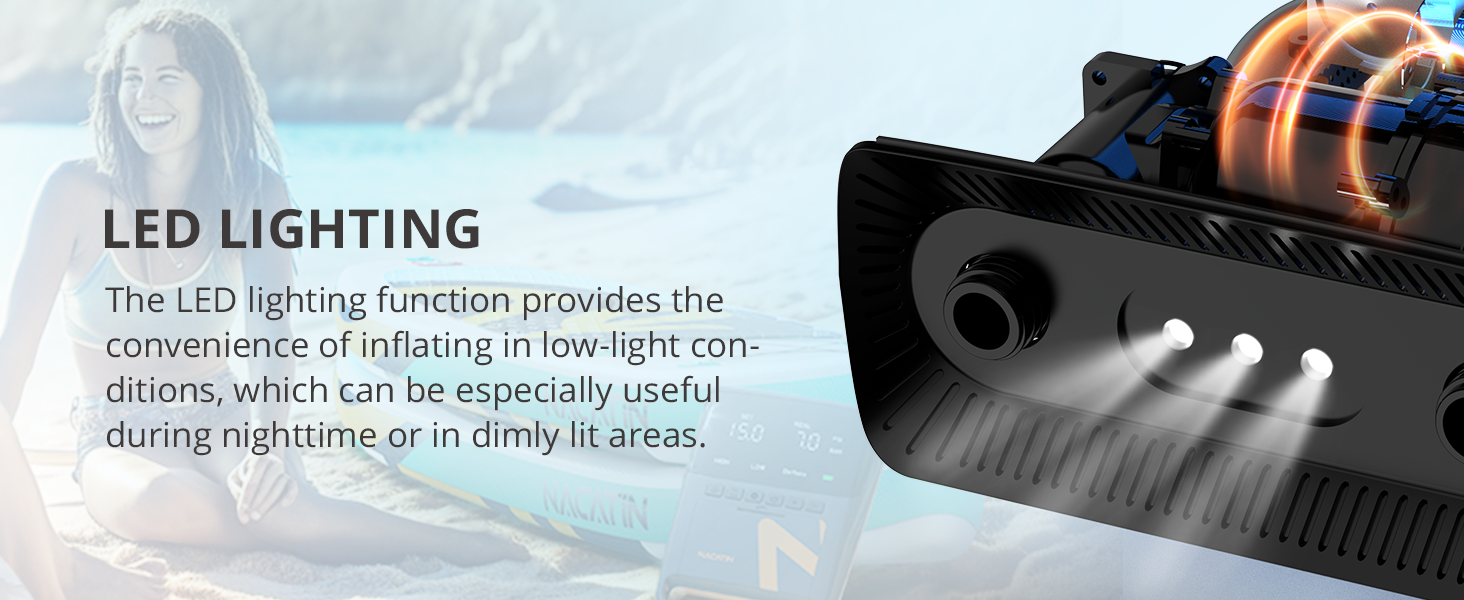 Електрична повітряна насос NACATIN для SUP дошок з акумулятором, 16 PSI, подвійний етап надування та здування, автоматичне вимкнення