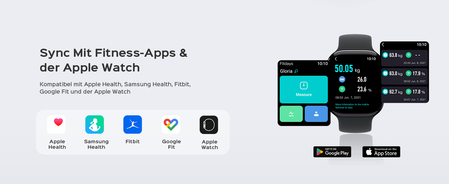 Ваги підлогові цифрові 8-в-1 Bluetooth Personenwaage: аналіз тіла, BMI, відсоток жиру, пульс, iOS/Android, до 180 кг
