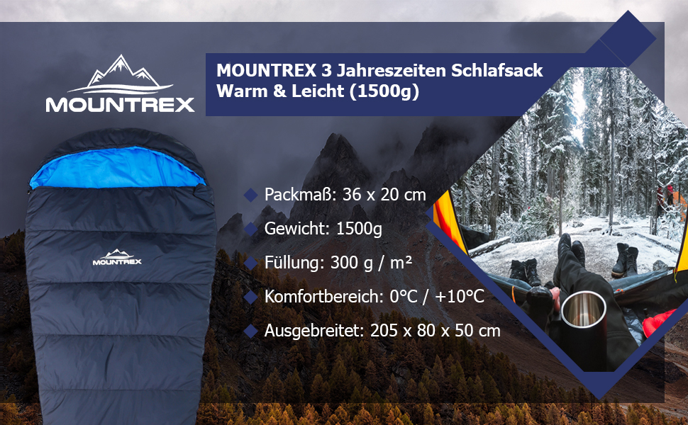 Сплячий мішок MOUNTREX® - ультралегкий, компактний (760г/1500г) - для кемпінгу, подорожей, фестивалів. 3-4 сезони, Mumienschlafsack, 1500г (RV Links). Темно-синій/синій.