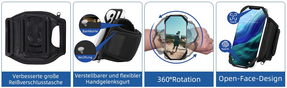 Спортивний браслет для телефону, кріплення на руку для бігу та велосипеда, універсальний тримач для смартфонів 4.5''-7'', 360° обертання, знімний, сумісний з Running, Fahrrad (Чорний - Upgrade)