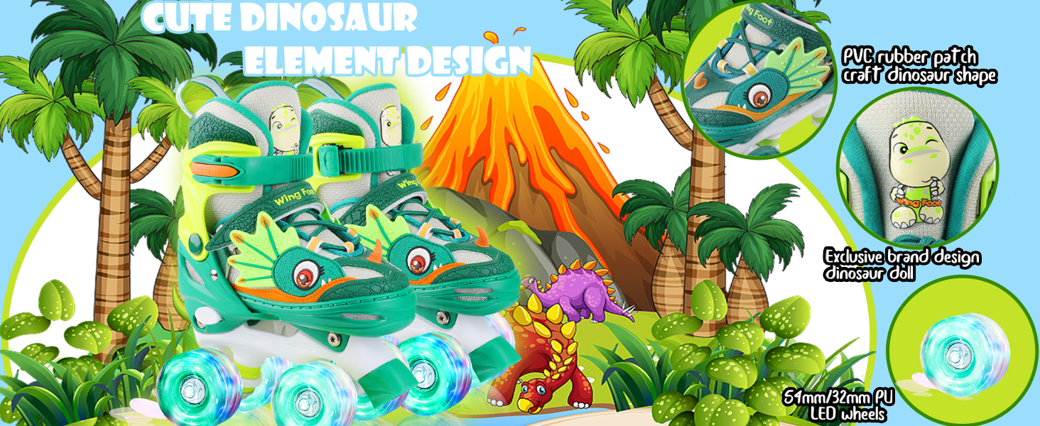 Ролики дитячі Kinder Dinosaurier з підсвічуванням, розмір регулюється, зелені