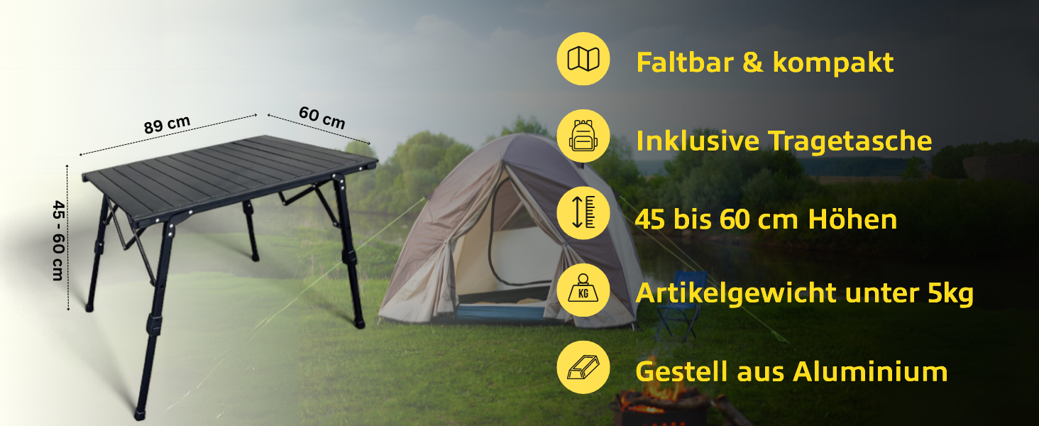 Складний стіл для кемпінгу Horntools: легкий, компактний, з колесами, регульована висота, з сумкою