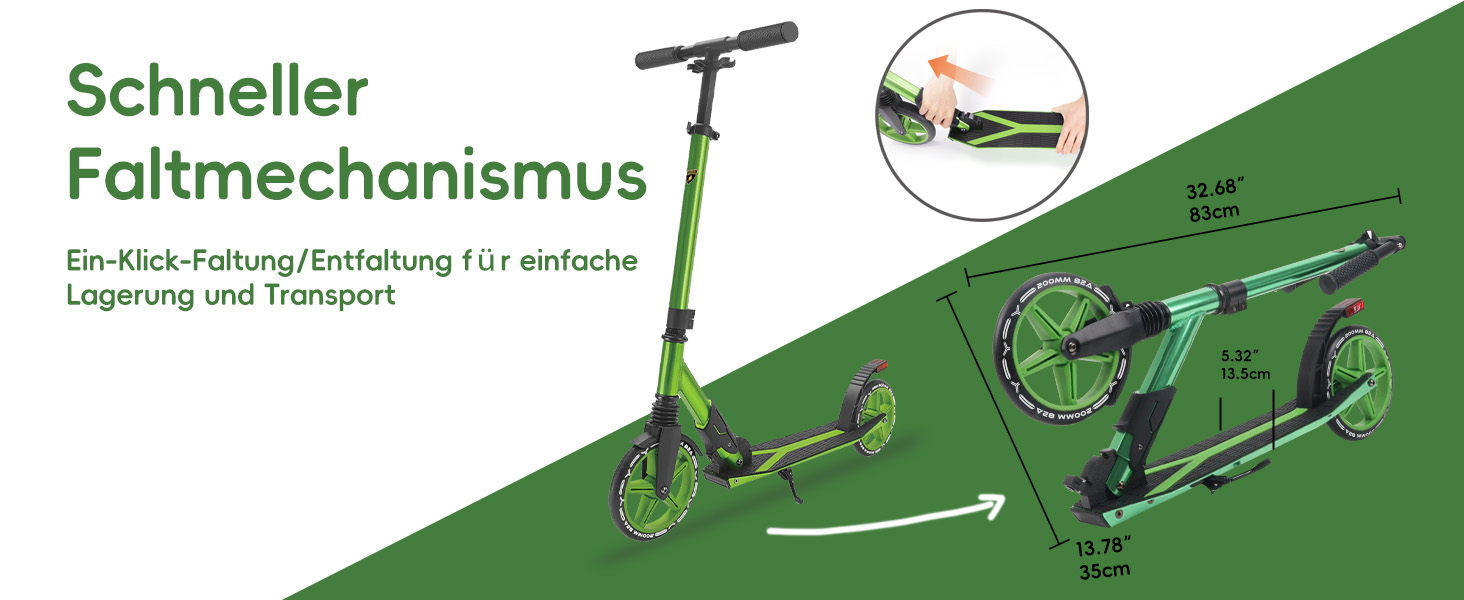 Скутер Lamborghini Tretroller Cityroller Big Wheel: складний, регульована висота, для дорослих та дітей, з підставкою, передньою підвіскою та гальмом на задньому колесі, до 100 кг (зелений)