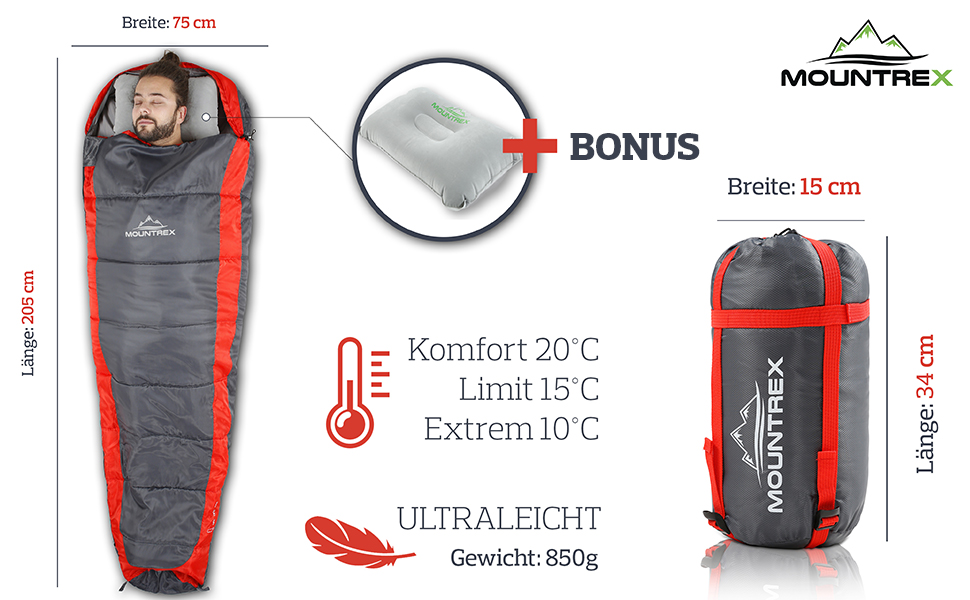 Сплячий мішок MOUNTREX® – ультралегкий та компактний (850г) – для відпочинку на природі, літній спальний мішок, мумієподібний (205x75 см) – малий об'єм при згортанні, легкий – для підлітків та дорослих + подарунок: надувне зелене подушечка для подорожей
