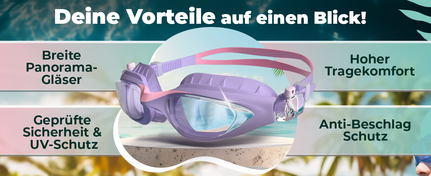 Дитячі окуляри для плавання Kidverse - Комфортні окуляри для дайвінгу для дітей 3-13 років з UV-захистом та антизапітнієвим покриттям - Окуляри для плавання для дівчаток та хлопчиків (фіолетово-рожеві)