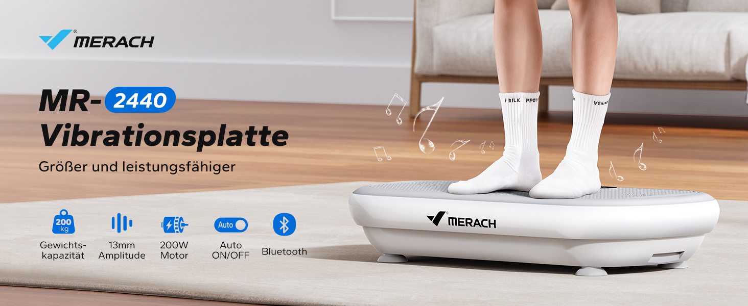 Вібраційна платформа MERACH для тренувань та фігури, амплітуда 13 мм, вантажопідйомність 200 кг, силіконовий педал, Bluetooth-динамік (сірий)