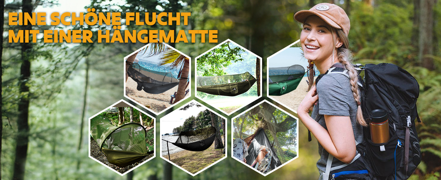 Гамак для кемпінгу NATUREFUN з москітною сіткою | Легкий, міцний (300 кг), дихаючий, швидковисихаючий, з карабінами та шнурами, армійний зелений
