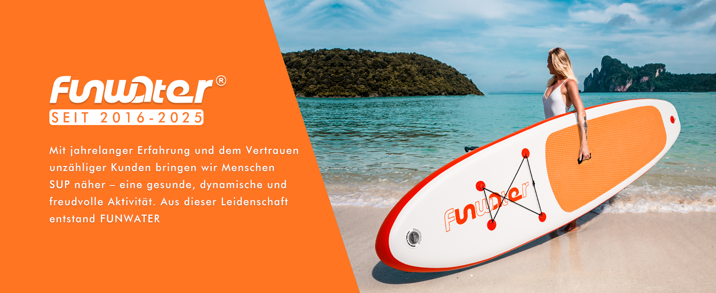 Надувний SUP-борд FunWater 320CM – комплект: весло, рюкзак, 3 ласти, насос, лінь – для початківців та досвідчених райдерів, 10'6, Orange/Weiß