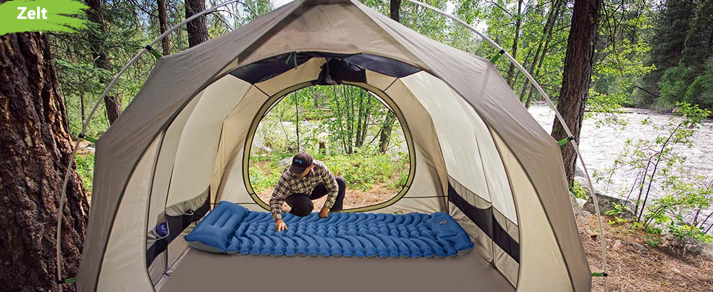 Килимок для кемпінгу MEIJO Isomatte самонадувний, ультралегкий з насосом, товстий для відпочинку на природі, намету, пляжу, блакитний & сірий