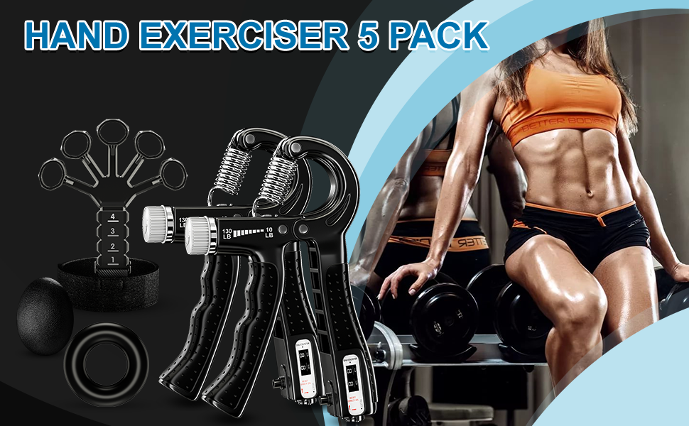 Набір для тренування рук ALMAH (5 шт.): тренажер пальців, підсилення сили хвата, підсилення підлокітників, розтягувач пальців, тренувальний кільце та м'яч для зняття стресу з сумкою. Чорний.