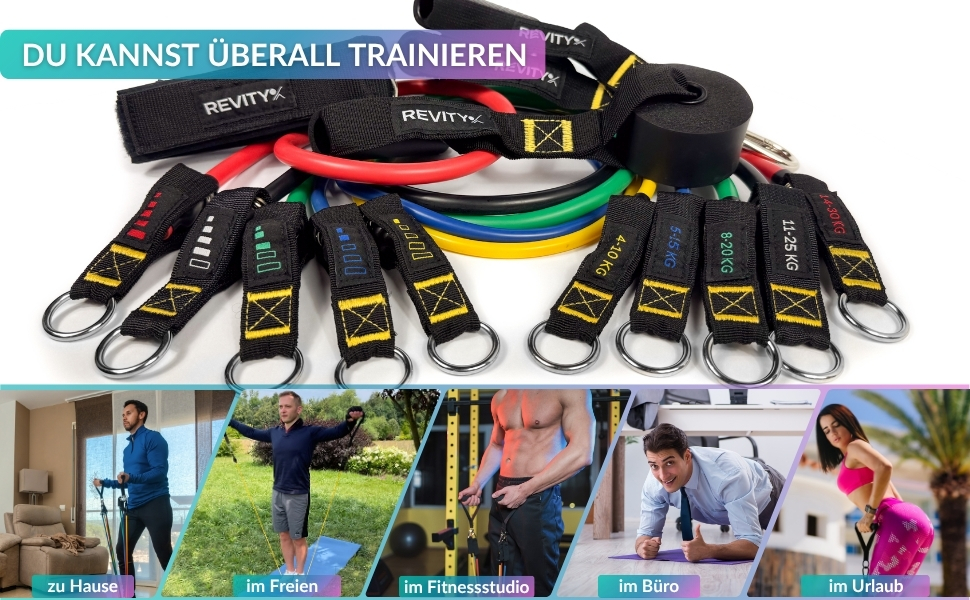 Стрічки для силових тренувань Widerstandsbänder 5 шт. - Набір еластичних стрічок з ручками для тренувань всього тіла з планом тренувань PDF - Натуральний латекс, довговічні, універсальні фітнес-стрічки для жінок та чоловіків