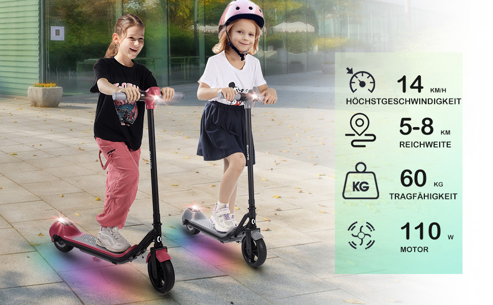 Самокат E-RIDES Kids 6-12, Rainbow Light, 5-8 км, LED, 14 км/год