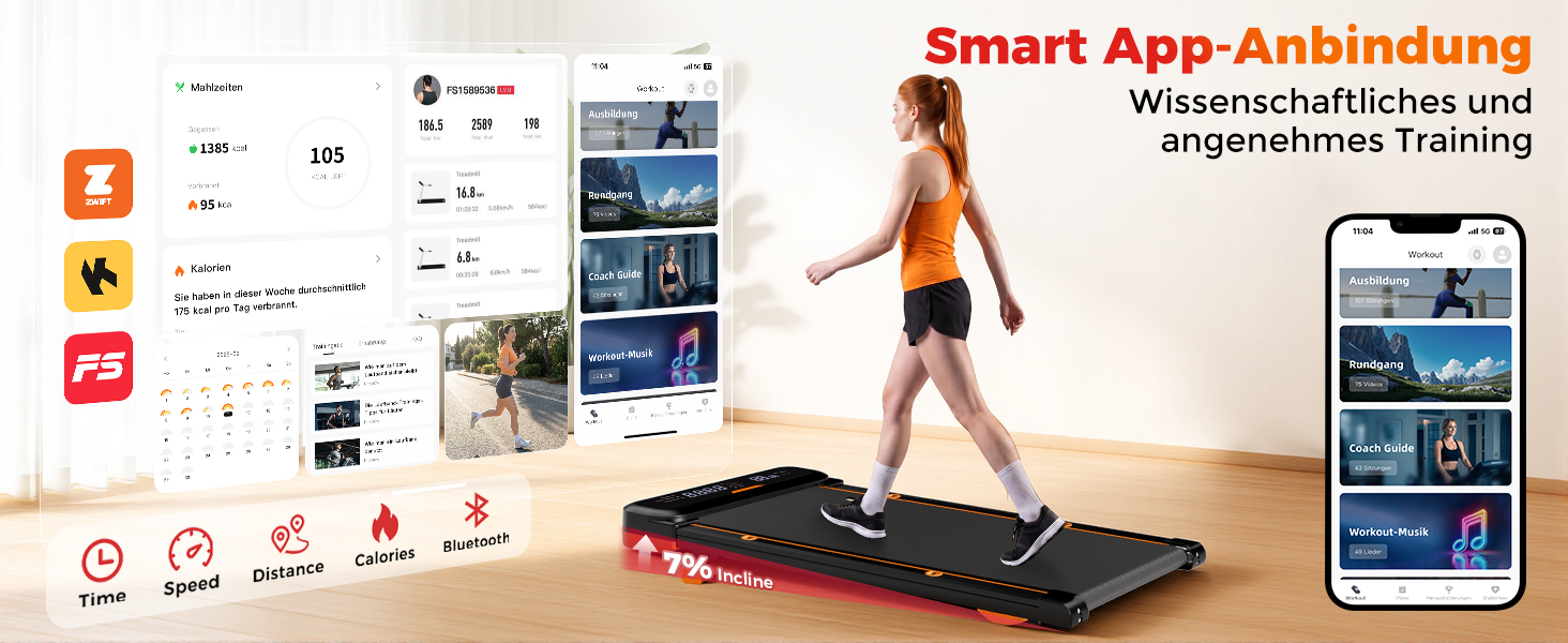 Бігова доріжка для дому з нахилом 7%, Walking Pad 5: реабілітація, 5 рівнів вібрації, під стіл з додатковою ручкою, LED, 2.5HP, швидкість до 7.5 км/год, управління з пульта, до 136 кг, з APP