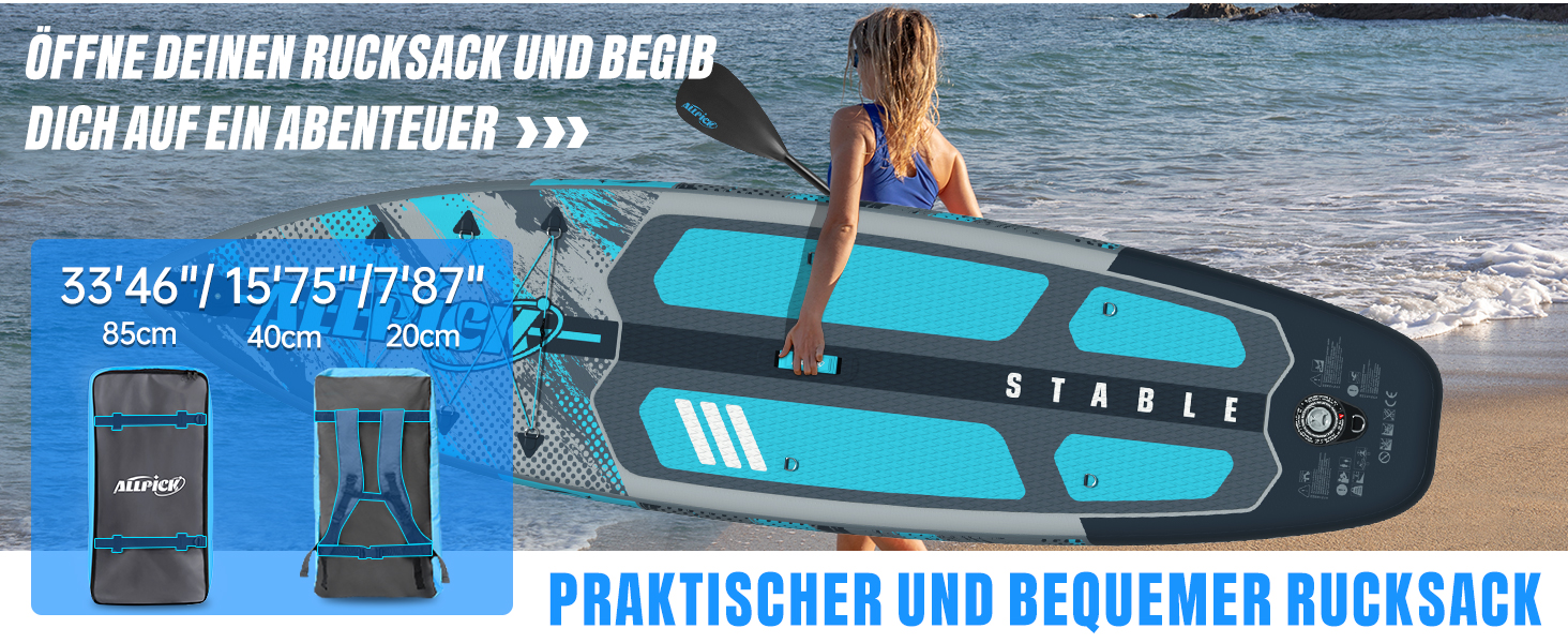 Надувний SUP Борд ALLPICK Premium Set: Комплектація для початківців та просунутих, з камерою, регульованим веслом, 200 кг, колір: ошм'ятково-блакитний