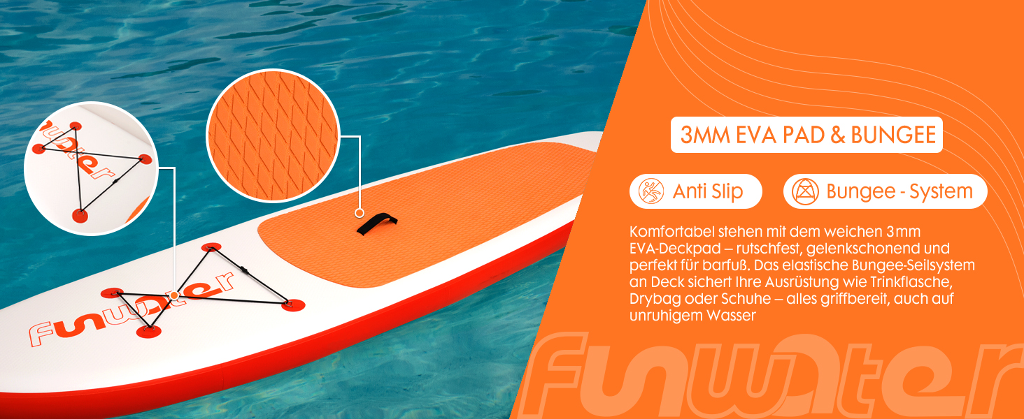Надувний SUP-борд FunWater 320CM – комплект: весло, рюкзак, 3 ласти, насос, лінь – для початківців та досвідчених райдерів, 10'6, Orange/Weiß