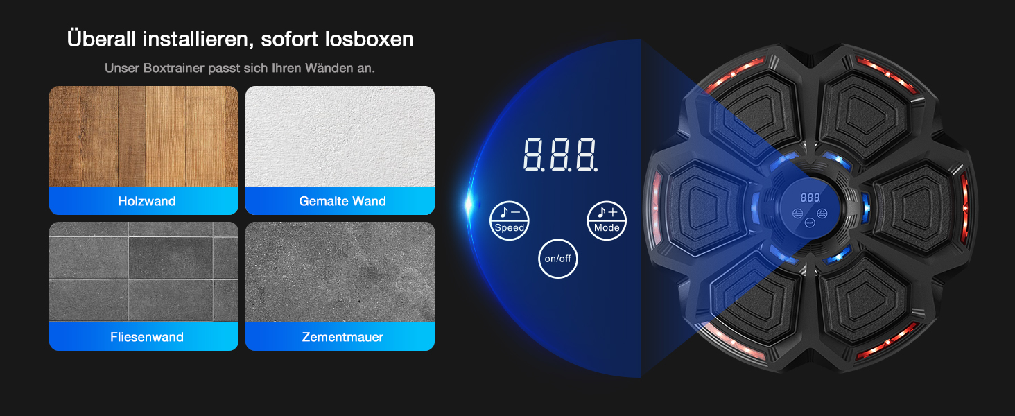 Музична бокс-машина FOOING зі світлодіодами, Bluetooth та рівнями швидкості для дорослих та дітей. Тренувальний пристрій для зняття стресу з боксерськими рукавичками для домашніх тренувань. Інтелектуальне фітнес-обладнання.