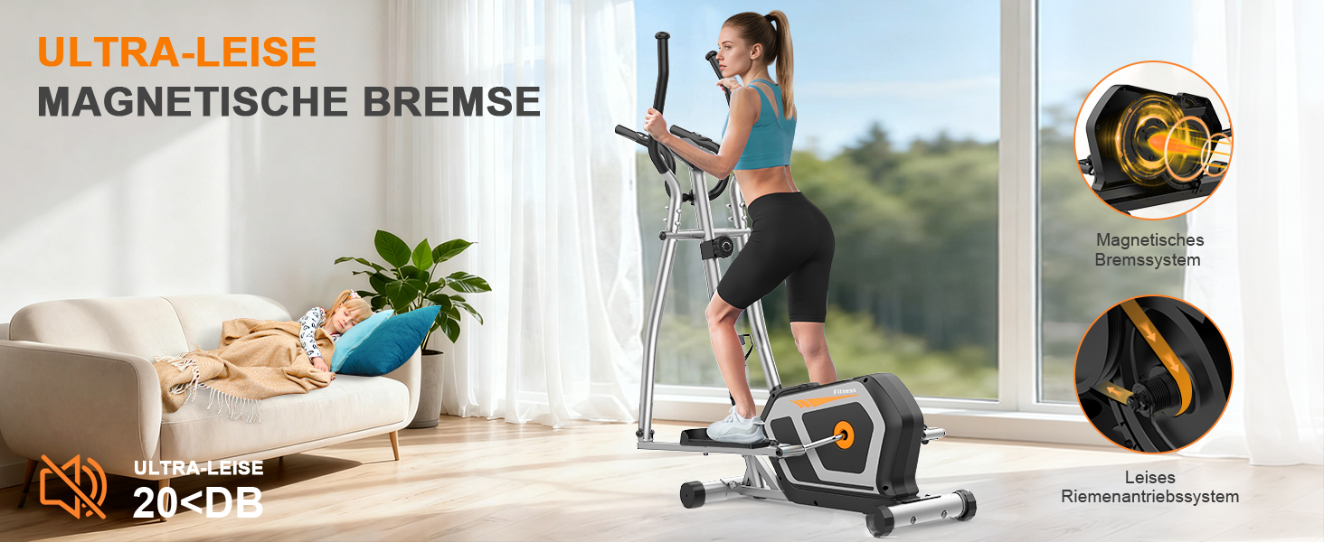 Еліптичний тренажер Crosstrainer 3-в-1 з LCD-монітором, 16 рівнів навантаження та 6 кг маховиком (Оранжевий + Срібний)