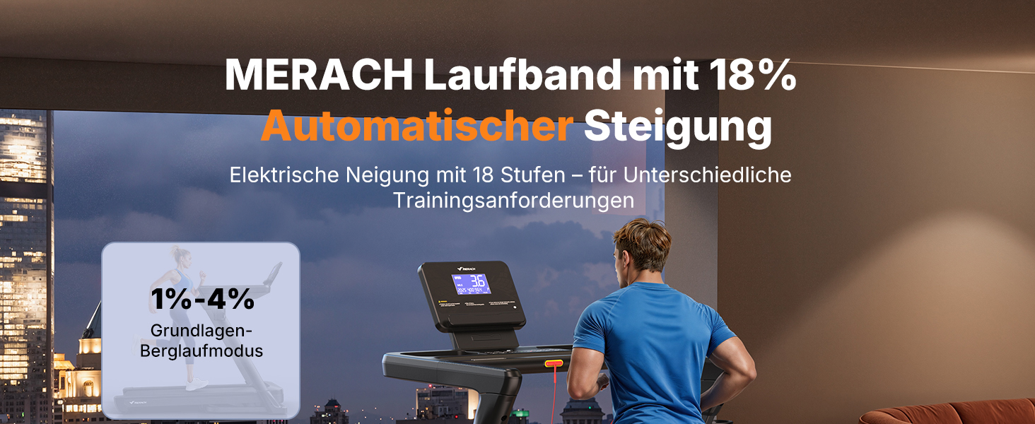 Біговий тренажер MERACH для дому з нахилом 18%, автоматична зміна нахилу, 1-14 км/год, складаний, потужність 3.5HP, розмір 46*120 см, 12 програм, чорний