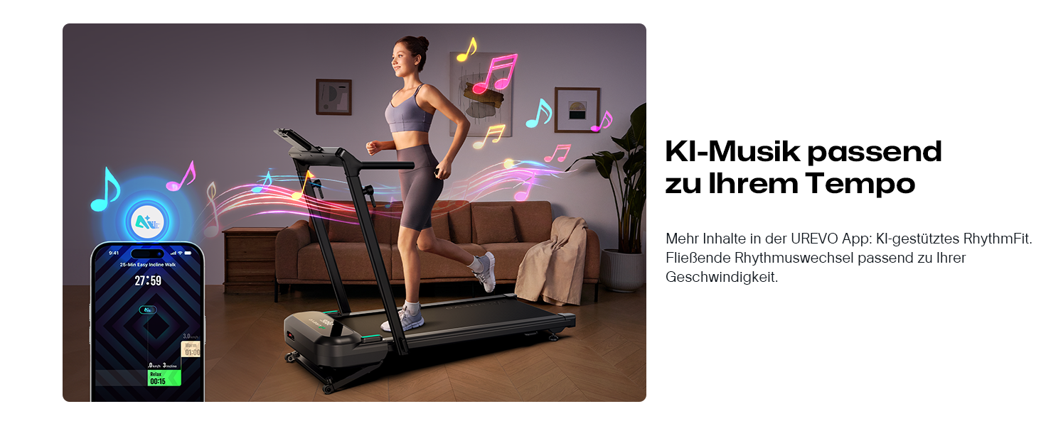 Бігова доріжка Smart Laufband з автоматичним нахилом 9%, 2.5 к.с., складана для дому та офісу, велика платформа, тиха, з KI-додатком та режимами HIIT, чорна