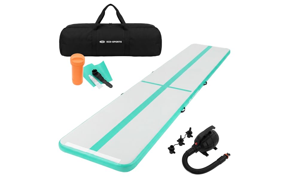 Гімнастичний мат Airtrack ECD Germany для тумблінгу та фітнесу, надувний мат для гімнастики 500x100x10 см, м'ятно-зелений, з електричним насосом та сумкою