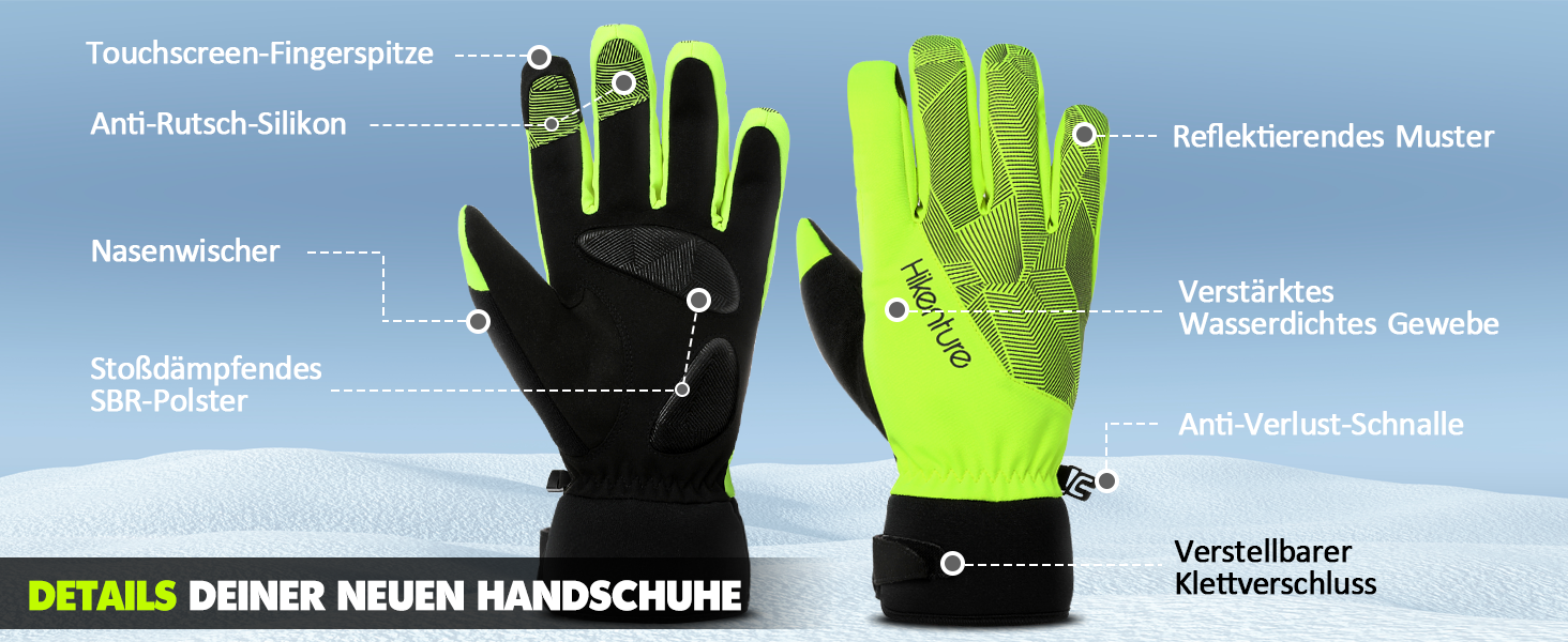 Зимові рукавички HIKENTURE: водонепроникні, для велосипеда та катання на лижах, тепла терморукавичка для чоловіків та жінок, з гелевою підкладкою, жовто-зелені, для бігу та активного відпочинку