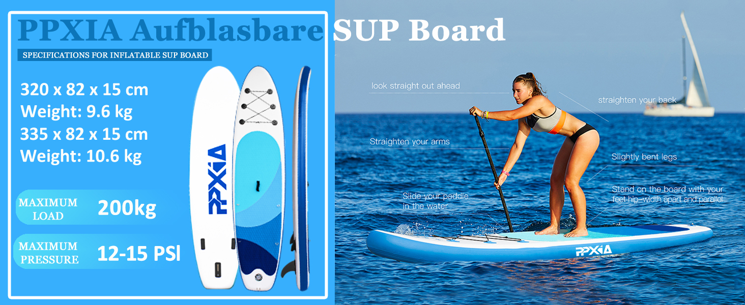 Надувне SUP-борд Stand Up Paddling з сидінням, для дітей та дорослих, вантажопідйомність до 200 кг, аксесуари, блакитний (320 x 82 x 15 см)
