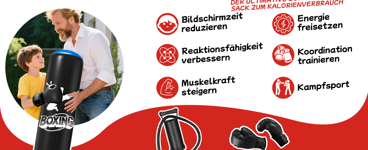 Дитячий боксерський мішок Ninonly з рукавичками, 160 см, посилений PVC, для карате, таеквондо, чорний та синій