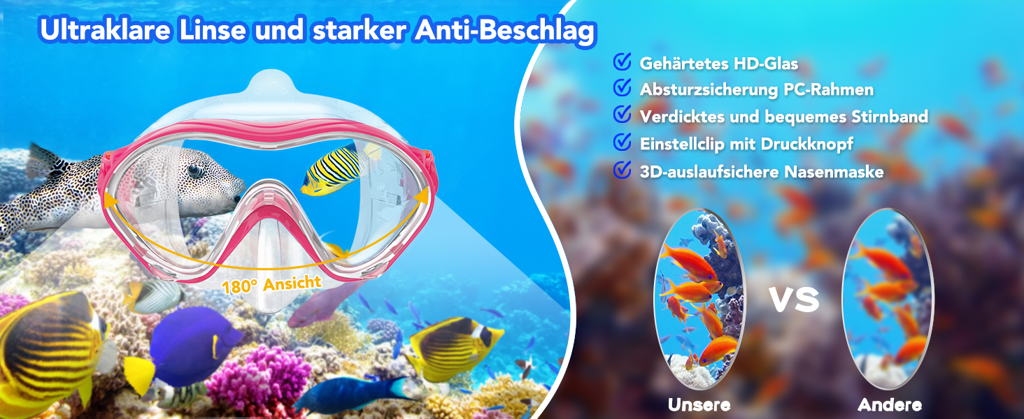 Набір для снорклінгу для дітей з ластами, маска з панорамою 180° проти запотівання, регульовані ласти, високоякісна маска для дайвінгу та сухий снорк (рожевий)